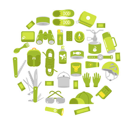 Camping equipment set. Circle. Hiking kit. Tourism travel trekking. Flat vector green colour style illustration clipart.のイラスト素材