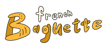 French baguette. Signboard. Bread shop. Hand drawn sketch. Vector cartoon illustration. Bakery banner.のイラスト素材