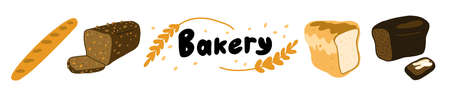 Bakery horizontal banner. White wheat and brown bran bread. Different types assortment shop. Hand drawn sketch. Vector cartoon illustration.のイラスト素材
