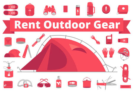 Rent outdoor gear. Camping gear rental. Mountain hike equipment set. Tourism travel adventure. Trekking hiking tent. Flat vector red colour style illustration clipart.のイラスト素材