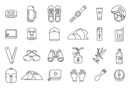 Camping line icon set. Mountain hike equipment kit. Tourism travel trip adventure. Trekking and hiking. Vector contour outline.のイラスト素材