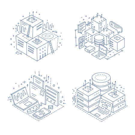 Internet Server data technology equipment. Engineer metaphor. Programmer development. Hand drawn sketch. Vector isometric.のイラスト素材