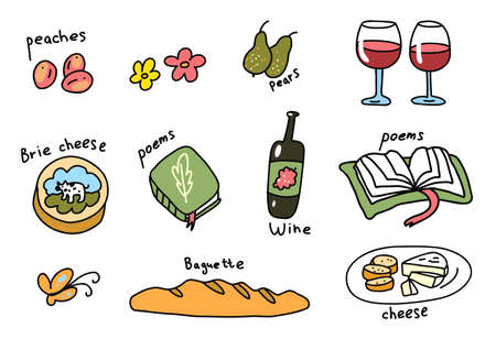 Picnic icon set. Hand drawn sketch. Romantic dinner. Vector cartoon illustration.のイラスト素材