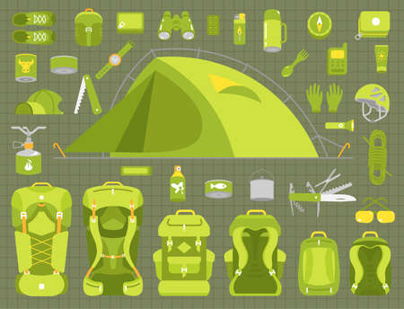 Tourism travel adventure. Camping set. Hiking equipment kit. Trekking. Flat vector green colour illustration.のイラスト素材