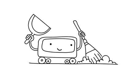 Robot Vacuum cleaner sketch. With broom and scoop. Illustration hand drawn. Tidy up cleaning. Smart House gadget. Housekeeper the character.のイラスト素材