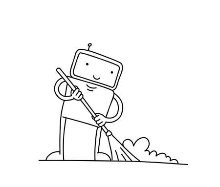Robot cleaner sketch. With broom. Tidy up cleaning. Housekeeper the character. Illustration hand drawn.のイラスト素材