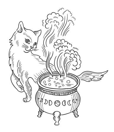 Cat witch and cauldron with witchcraft. Halloween. Hand drawn sketch vector. Mystic and occult illustration.のイラスト素材