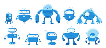 Robots mascot set. Different types for all tasks. Smart artificial intelligence character. Cartoon...