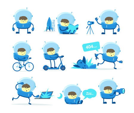 The boy plays an astronaut. Character set. Mascot cartoon. Playground games. Cartoon flat vector stickers.のイラスト素材
