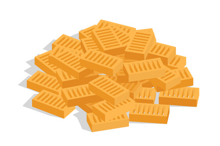 Pile of bricks. Heap of building construction material. Vector illustration colored isolated on white. Isometric view.のイラスト素材
