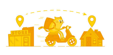 Character cat delivery service. From store to home. Pet mascot. On a motorbike. Vector cartoon illustration. Pizza and food delivery.のイラスト素材