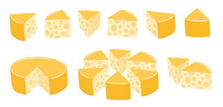Pieces of cheese infographics. Cut whole cheese and its slice parts split up. Isometric view. Vector illustration set.のイラスト素材