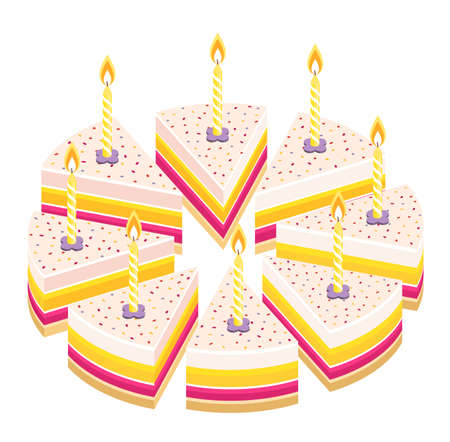 Pieces of pie cake with candles. Birthday celebration. Cut whole cake and its slice parts split up....