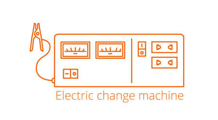 Electric change machine. Power Inverter with Charger. Voltage current converter. Equipment for accumulator. Vector line. Open paths outline.のイラスト素材