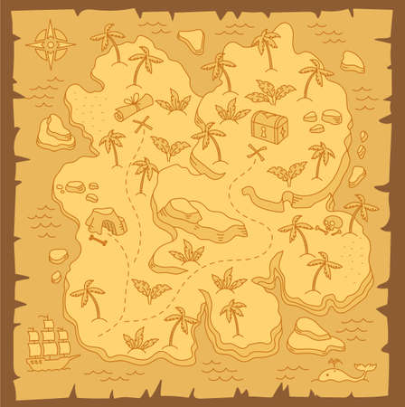 Treasure Island map. Pirates Isle adventure. Sea ship. Board game chest. Hand drawn vector line....