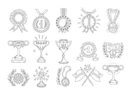 Awards cups and medals. Icon set, hand-drawn flat style. First place, top achievement. Hand drawn sketch outline contour line. Open paths. Editable stroke.のイラスト素材