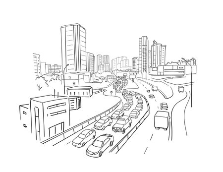Street, road view. City sketch. Traffic jam. Highway, transport. Building architecture landscape panorama. Hand drawn black line.のイラスト素材