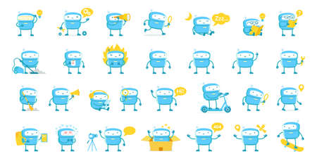 Little blue Robot mascot character big set. All tasks. Cute Robot stickers. Cartoon flat vector illustrations. Artificial Intelligence. Support service-center. Chat bot.のイラスト素材