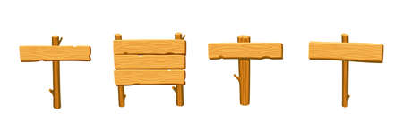Wooden plaques signpost. Set of cartoon graphics for games. Empty wooden sign.のイラスト素材
