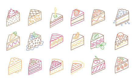 Pieces of cakes set. Isometric view. Editable stroke size. Line vector icon.