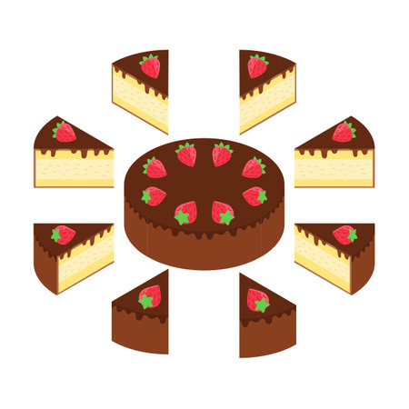 Slice of pie with strawberry. Pieces cake infographics set. The whole cake and split up parts.