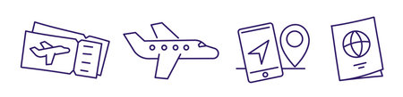 Icons set tourism. Plane tickets. International passport. Vacation travel and recreation. Vector line icon. Air transportation.のイラスト素材