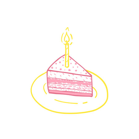 Piece of birthday cake with a candle. Vector sketch hand drawn. On a silver platter.