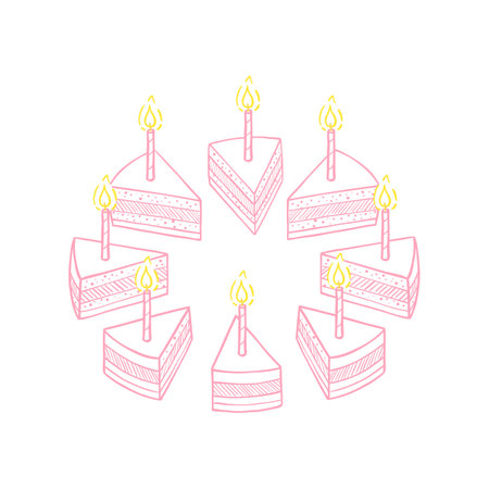 Pieces of the pie cake with a candles. Cut cake and its slice parts split up. Vector illustration.