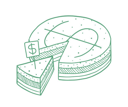 Piece of the financial pie cake. Your share of the money. Cut cake. Vector illustration.のイラスト素材