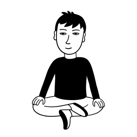 Man doing yoga. Sitting in the lotus position. Meditate engaged in self-improvement. Vector hand drawn illustration.のイラスト素材