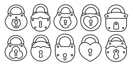 Ancient lock set. Old antique padlock. Vector line. Editable outline stroke.のイラスト素材