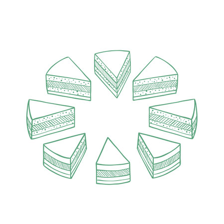 Pieces of the pie cake. Cut cake and its slice parts split up. Vector illustration.のイラスト素材