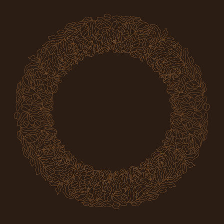 Coffee pack design background. Circle frame. Beans and leaves. Coffea plant. Editable outline stroke. Vector line.のイラスト素材