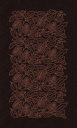 Cocoa line ornament. Chocolate pack design. Rectangular vertical background. Beans and branches leaves. Editable outline stroke. Vector line.のイラスト素材