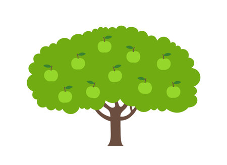 Green apple fruits tree. Orchard garden harvest. Vector cartoon Illustration.のイラスト素材