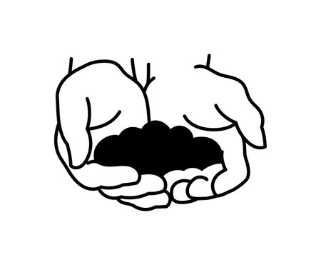 Soil in hand. Bunch soil and fertilizer. Vector line. Editable outline stroke.のイラスト素材