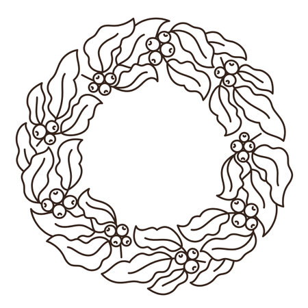 Coffee circle frame pattern ornament. Leaves with beans. Coffea design element. Editable outline stroke. Vector line.のイラスト素材