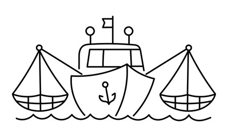 Seiner fishing boat. Editable outline. Vector line.のイラスト素材