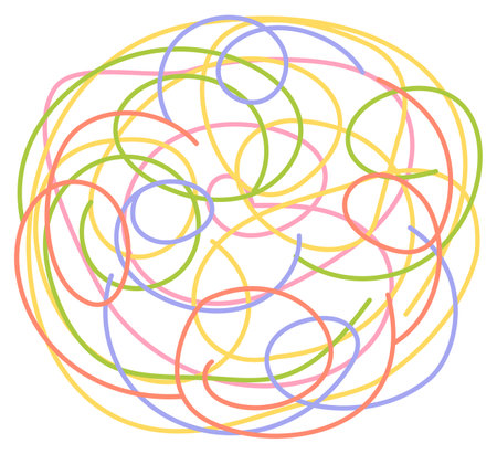 Chaotic bright colored lines doodle. Hand drawn sketch. Abstract background. Editable vector outline stroke and line thickness.のイラスト素材