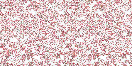 Cocoa line chocolate pack background. Beans and branches leaves. Editable outline stroke. Vector line.のイラスト素材