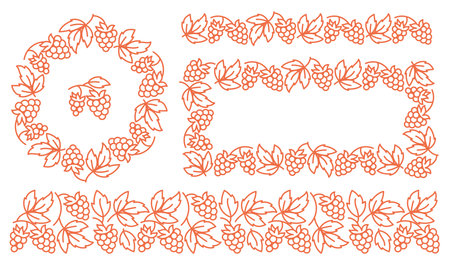 Raspberries design kit. Ornament set. Frame line ornament. Editable outline stroke. Vector line.のイラスト素材