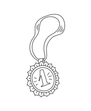 Medal. First place. Competition award. Hand drawn sketch outline contour black line vector. Editable stroke. Outline contour line.のイラスト素材