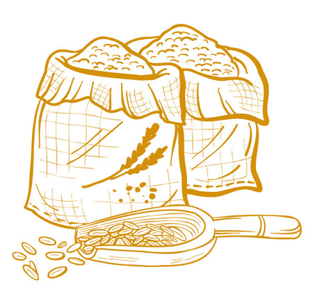 Bags of grain and scoop. Hand drawn vector sketch.のイラスト素材