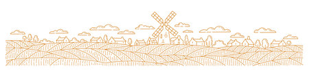 Field with a mill and village. Rural landscape. Vector line. Editable outline stroke.のイラスト素材