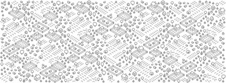 Farm barn village isometry landscape map. Editable outline. Vector line illustration sketch.のイラスト素材
