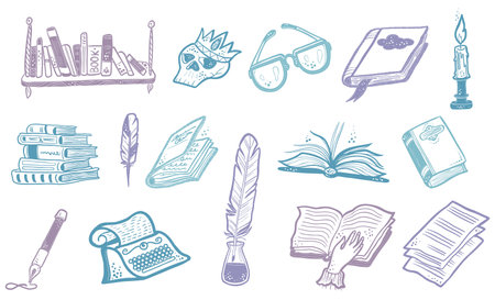 Studying literature at school sketch design element. Vector hand drawn.のイラスト素材