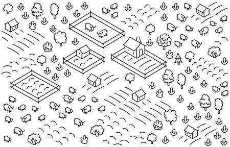 Farm barn village isometry landscape map. Editable outline. Vector line illustration sketch.のイラスト素材