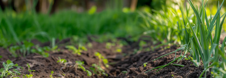 The Leeks plant on the garden bed. Close up. Copy space for text. Blurred background. Banner slider template.の素材
