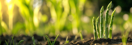 Asparagus vegetable on the garden bed. Close up. Copy space for text. Blurred background. Banner slider template.の素材