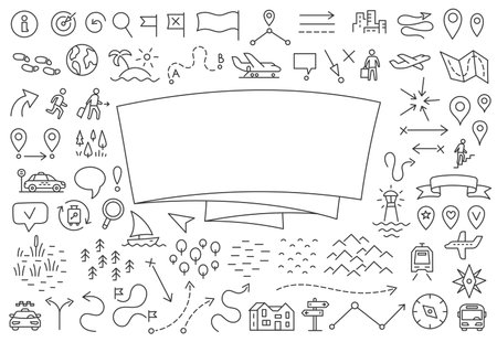 Travelers notes cover. Map set doodle background. Copy space. Vector editable outline stroke.のイラスト素材